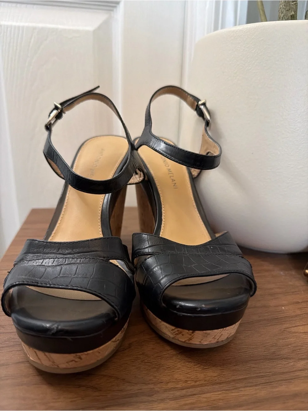 Antonio Melani Black Leather Croc Cork Wedge Sandals Size 8